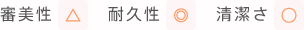 審美性:三角、耐久性:二重丸、清潔さ:丸